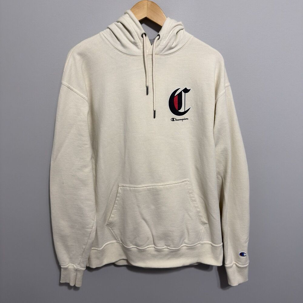 Champion Hoodie Mens Large Beige Script Logo Sweatshirt Gothic Font